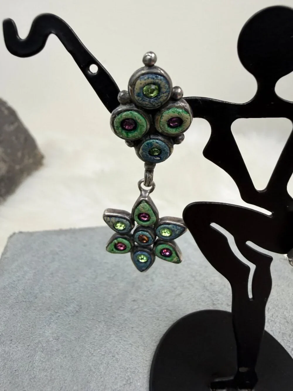 Sterling Silver & Colorful Rhinestone Enamel Drop & Dangle Pierced Earrings